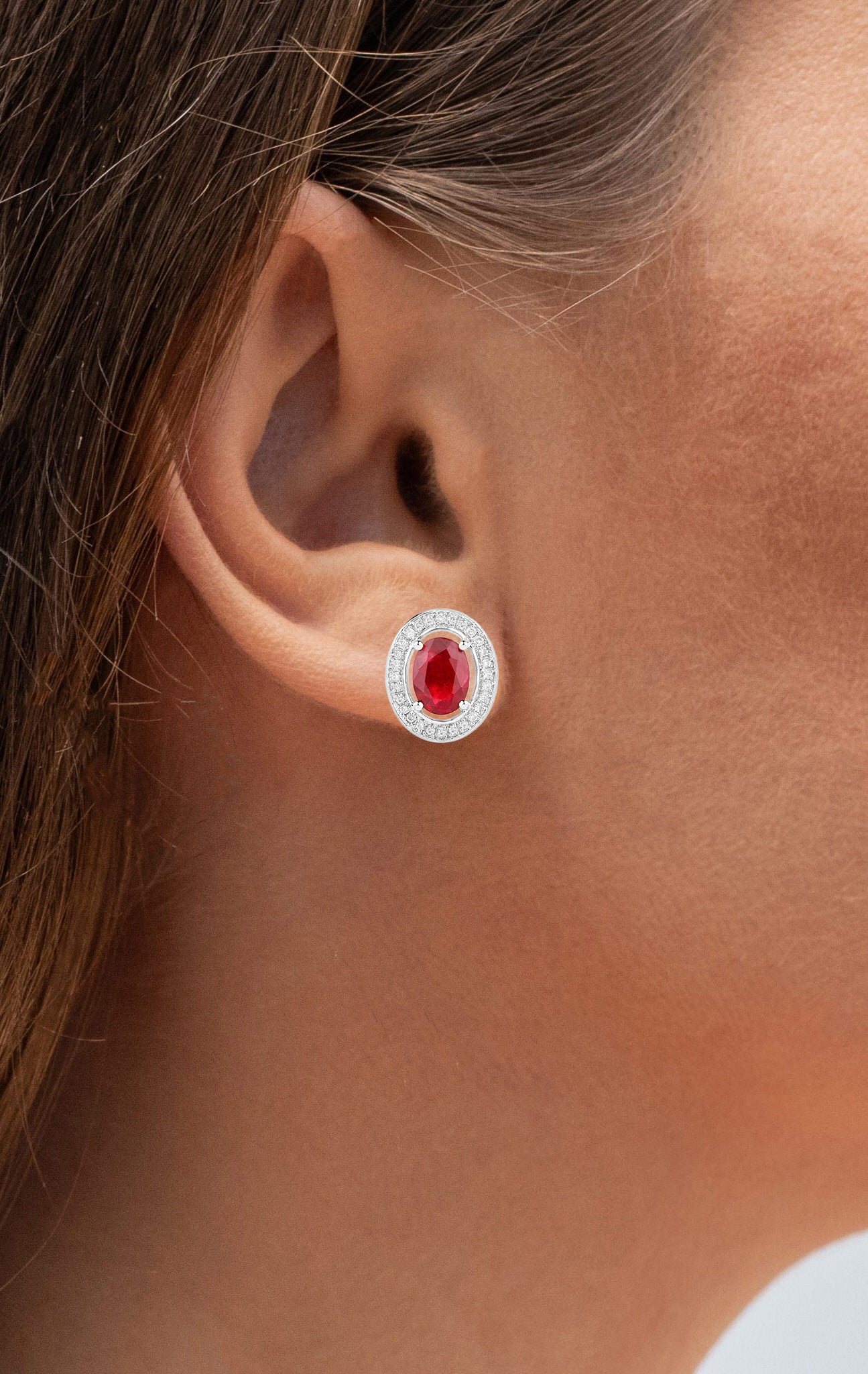 Ruby Stud Earrings Halo Diamonds 2.1 Carats 14K White Gold