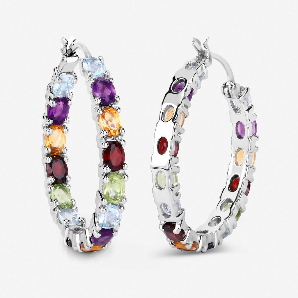 Natural Mixed Gemstones Hoop Earrings 5.34 Carats Sterling Silver