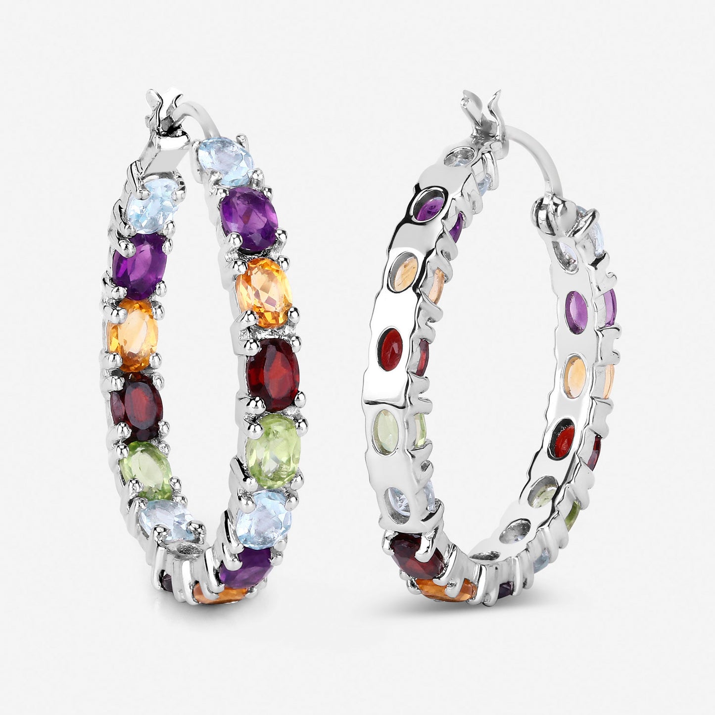 Natural Mixed Gemstones Hoop Earrings 5.34 Carats Sterling Silver