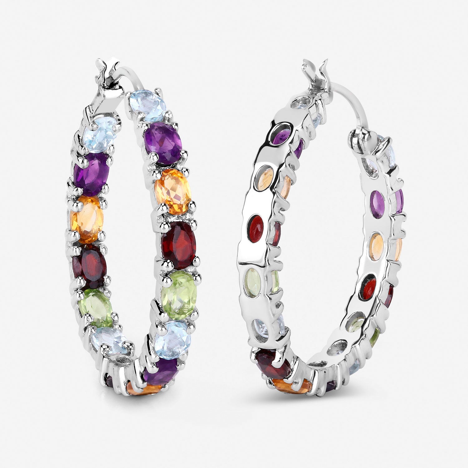 Natural Mixed Gemstones Hoop Earrings 5.34 Carats Sterling Silver