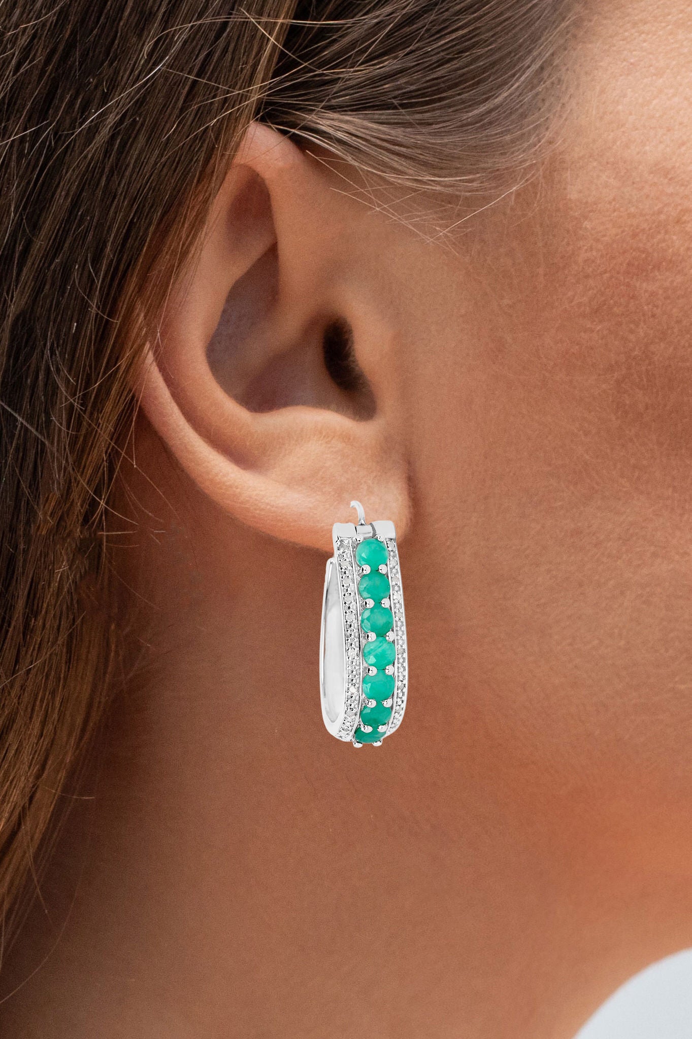 Emerald Hoop Earrings With Diamonds 3.38 Carats Sterling Silver