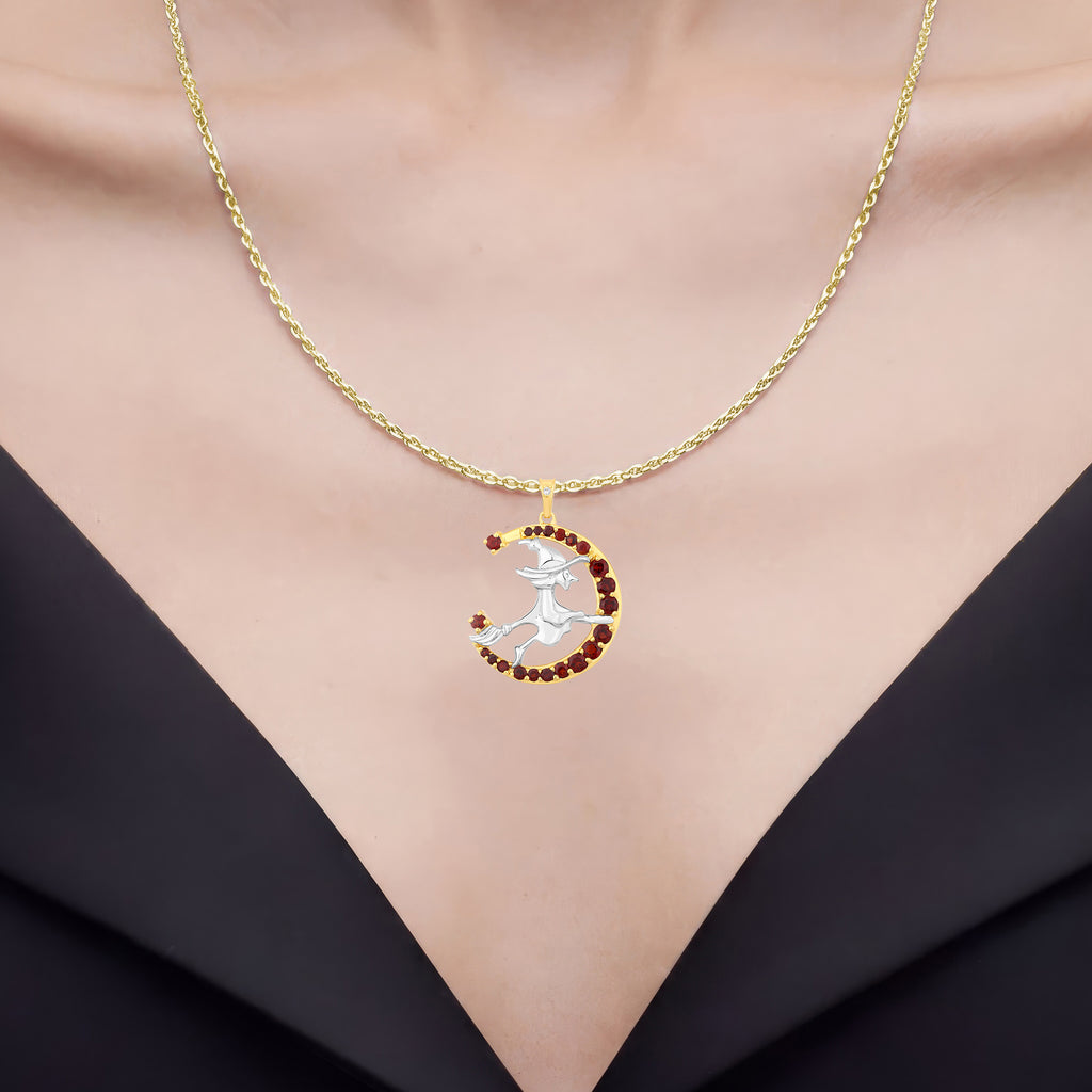 Garnet Flying Witch Pendant With White Topaz 1.22 Carats Gold Plated Silver