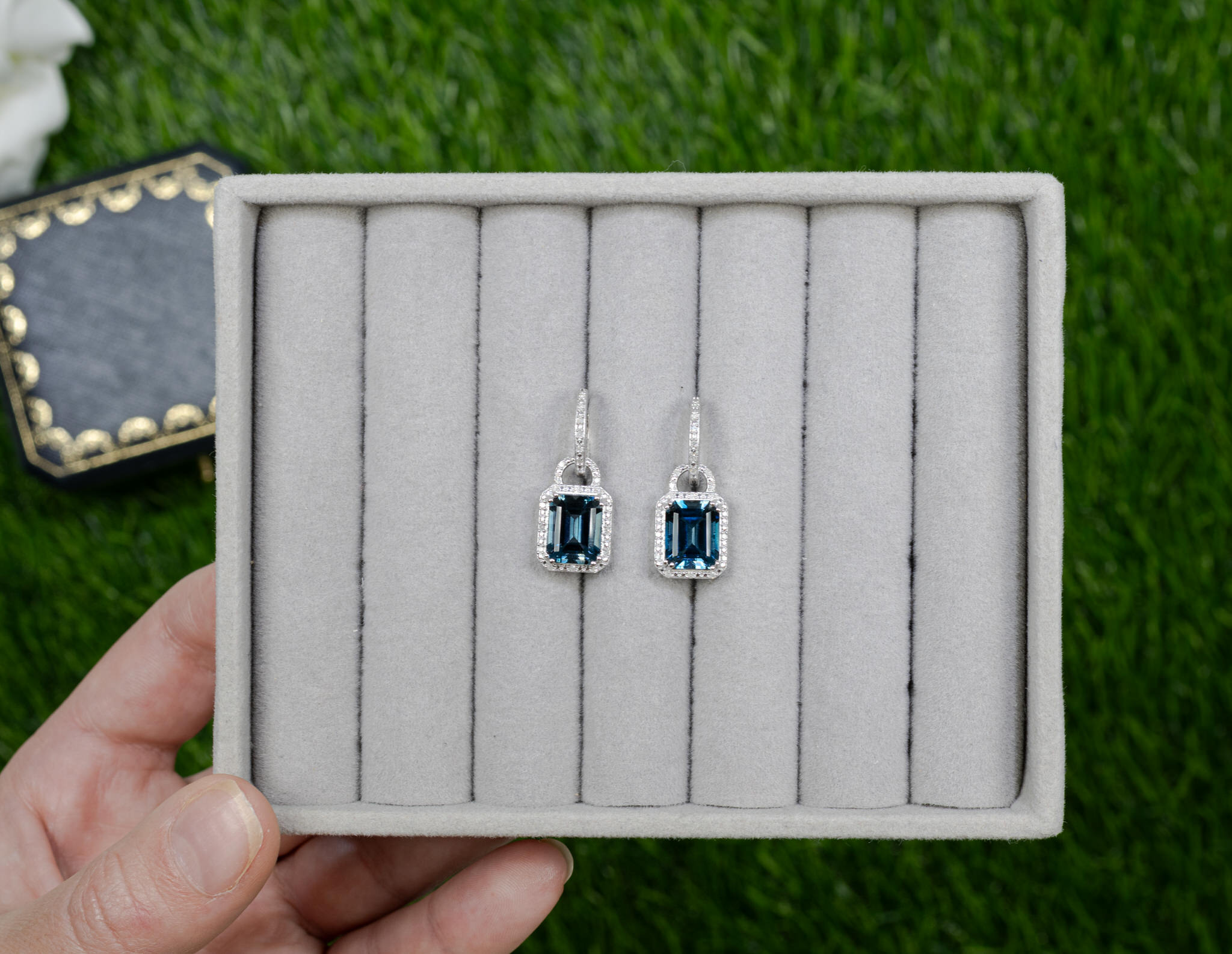 London Blue Topaz Dangle Earrings Diamonds 7.95 Carats Sterling Silver