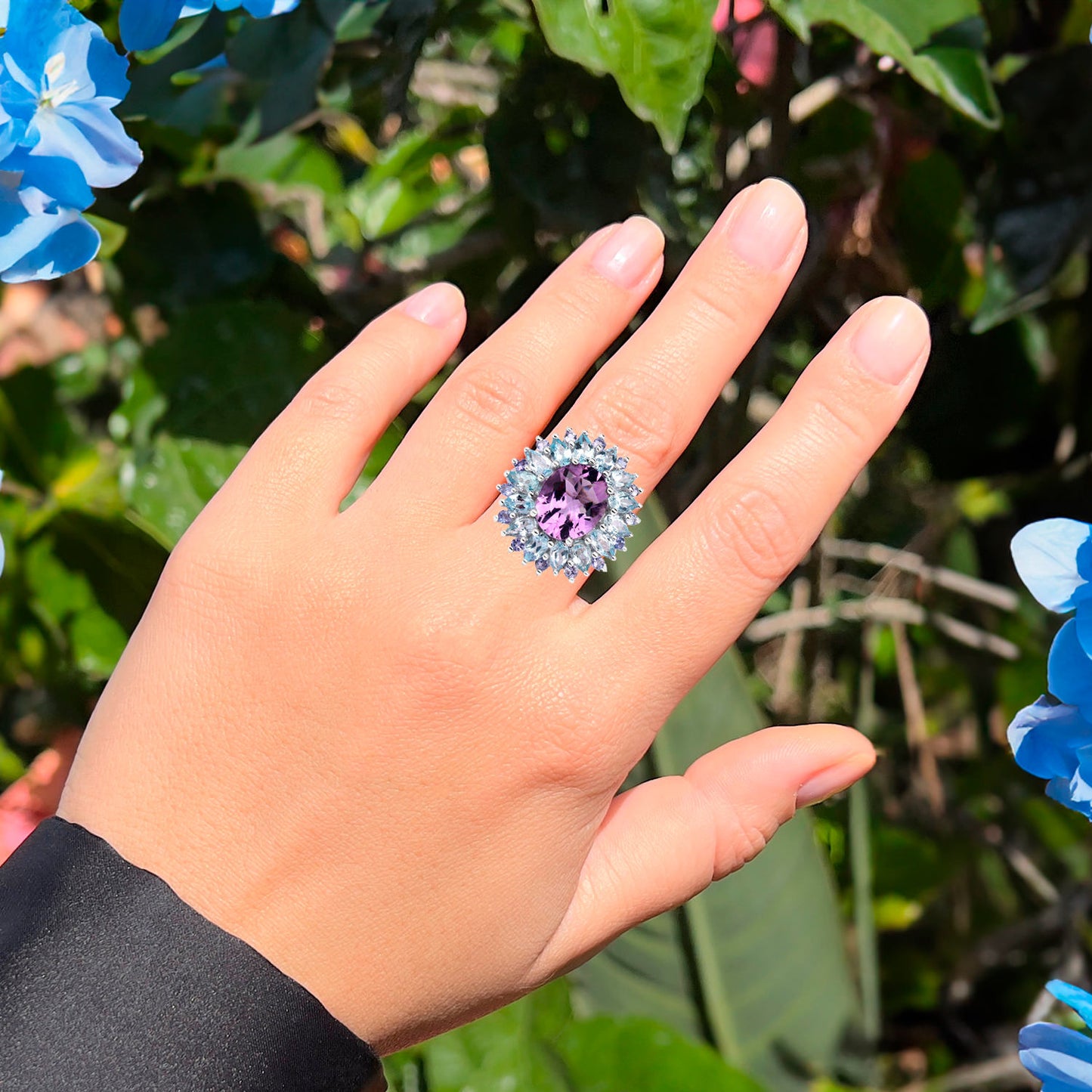 Amethyst Cocktail Ring Tanzanite and Blue Topaz Halo 7.8 Carats