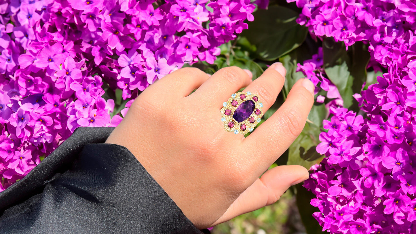 Amethyst Cocktail Ring Rhodolite Garnets and Blue Topazes 9.10 Carats