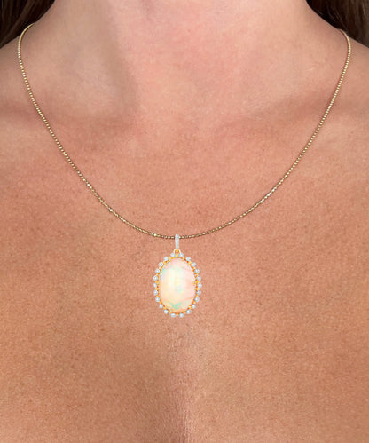 Ethiopian Opal Pendant Necklace Diamond Halo 13.98 Carats 14K Yellow Gold