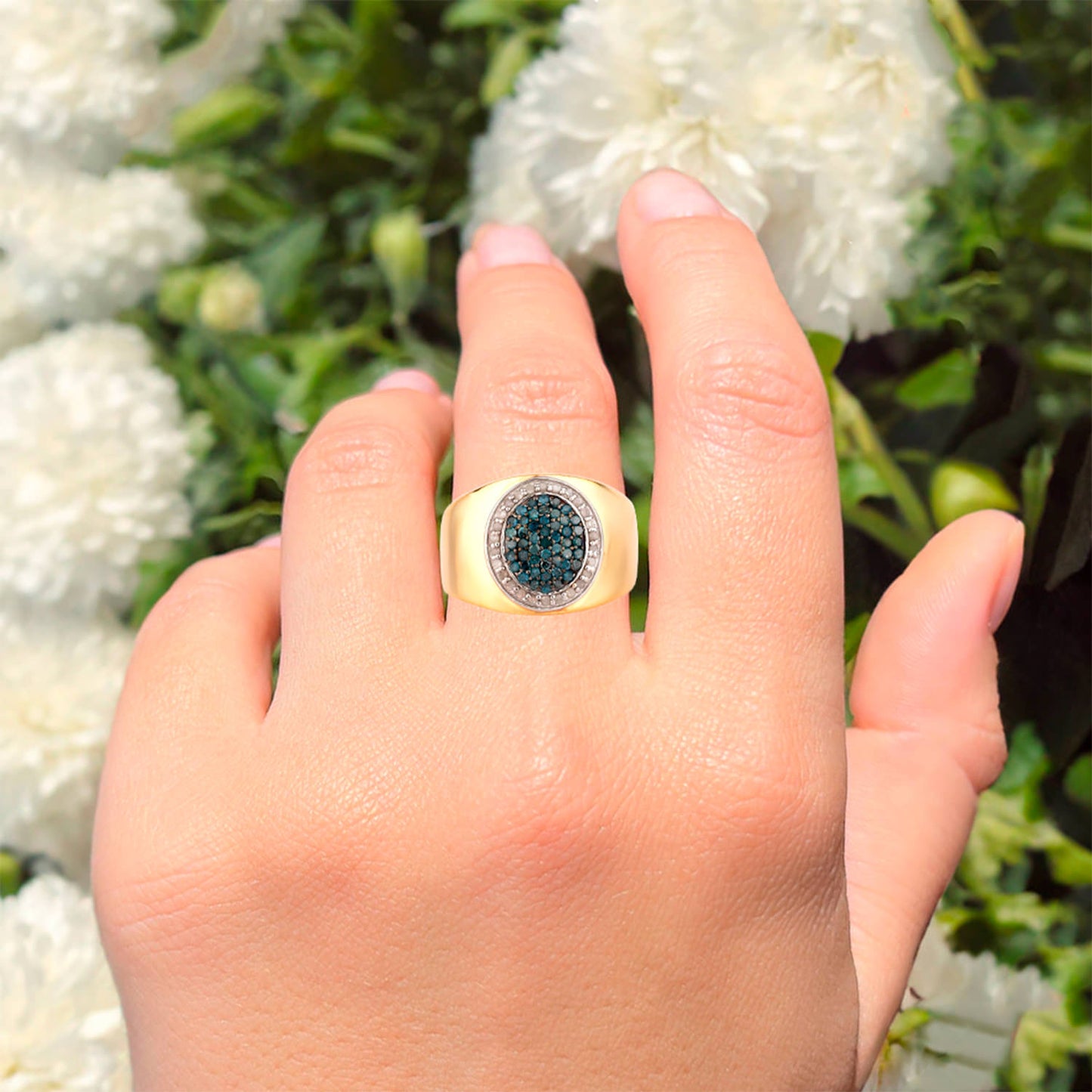 Blue Diamond Ring With White Diamonds 0.40 Carats Gold Plated Silver