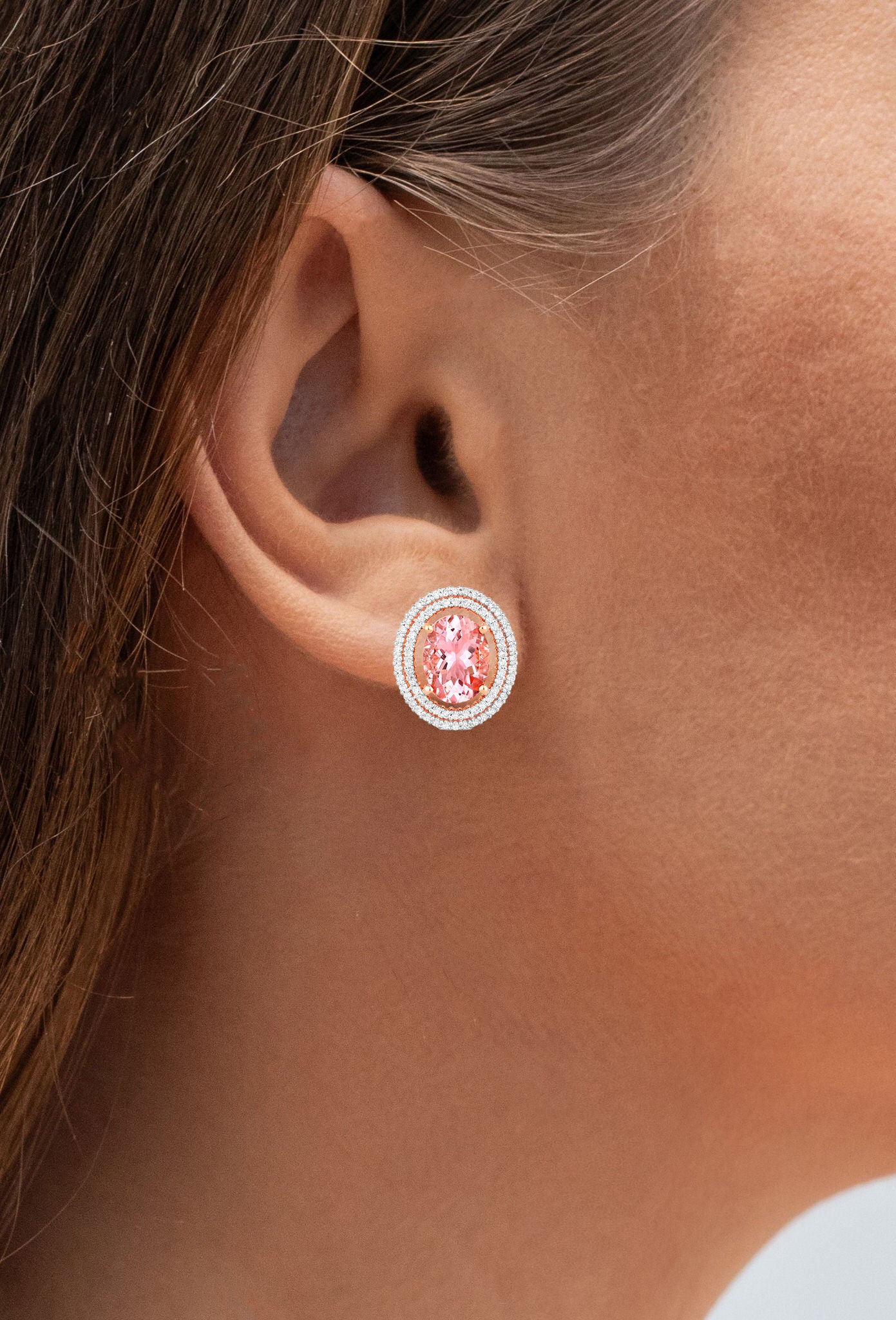 Morganite Stud Earrings Double Diamond Halo 3.7 Carats 14K Rose Gold