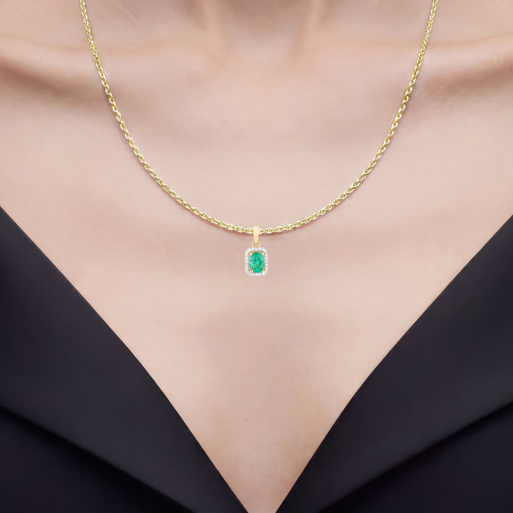 Zambian Emerald Pendant With Diamonds 0.8 Carats 10K Yellow Gold
