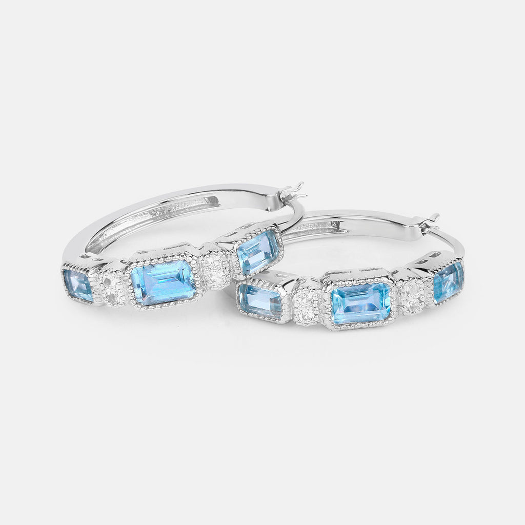 Blue Topaz Hoop Earrings With White Topaz 2.6 Carats Sterling Silver