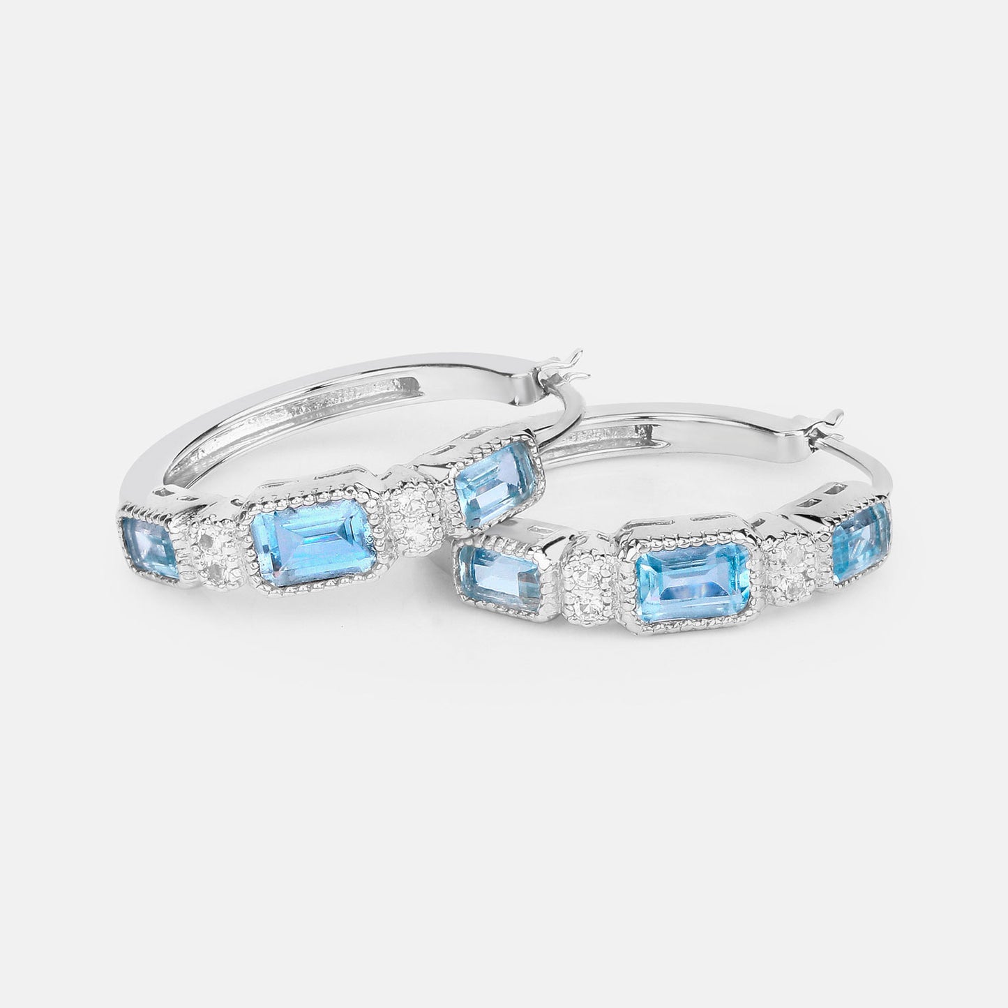 Blue Topaz Hoop Earrings With White Topaz 2.6 Carats Sterling Silver