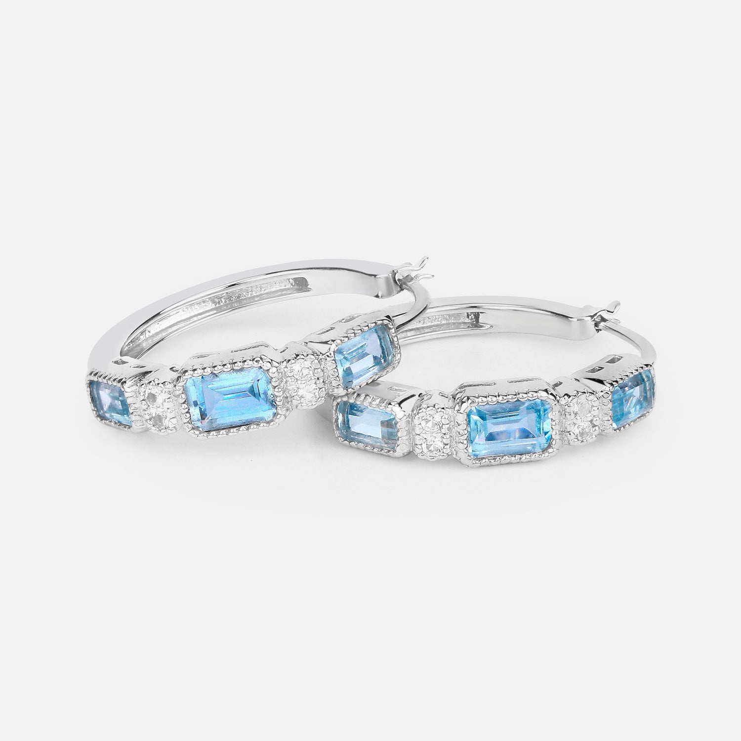 Blue Topaz Hoop Earrings With White Topaz 2.6 Carats Sterling Silver