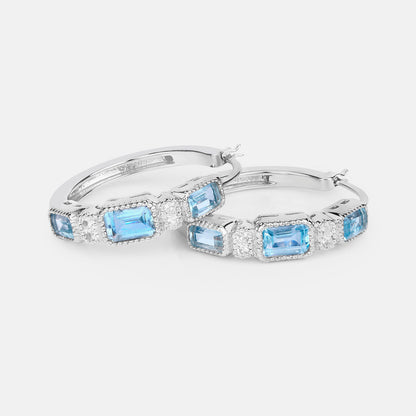 Blue Topaz Hoop Earrings With White Topaz 2.6 Carats Sterling Silver