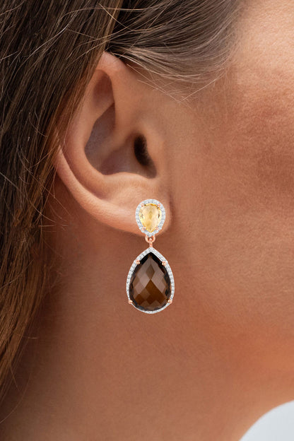 Smoky Quartz Dangle Earrings Citrine 20.7 Carats 18K Rose Gold Plated Silver