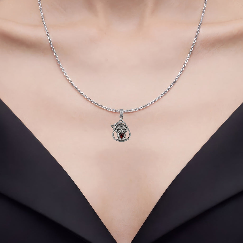 Garnet Reaper Skull Pendant 0.3 Carats Sterling Silver