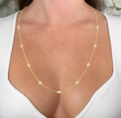 Diamond Station Necklace 1.10 Carats 14K Yellow Gold