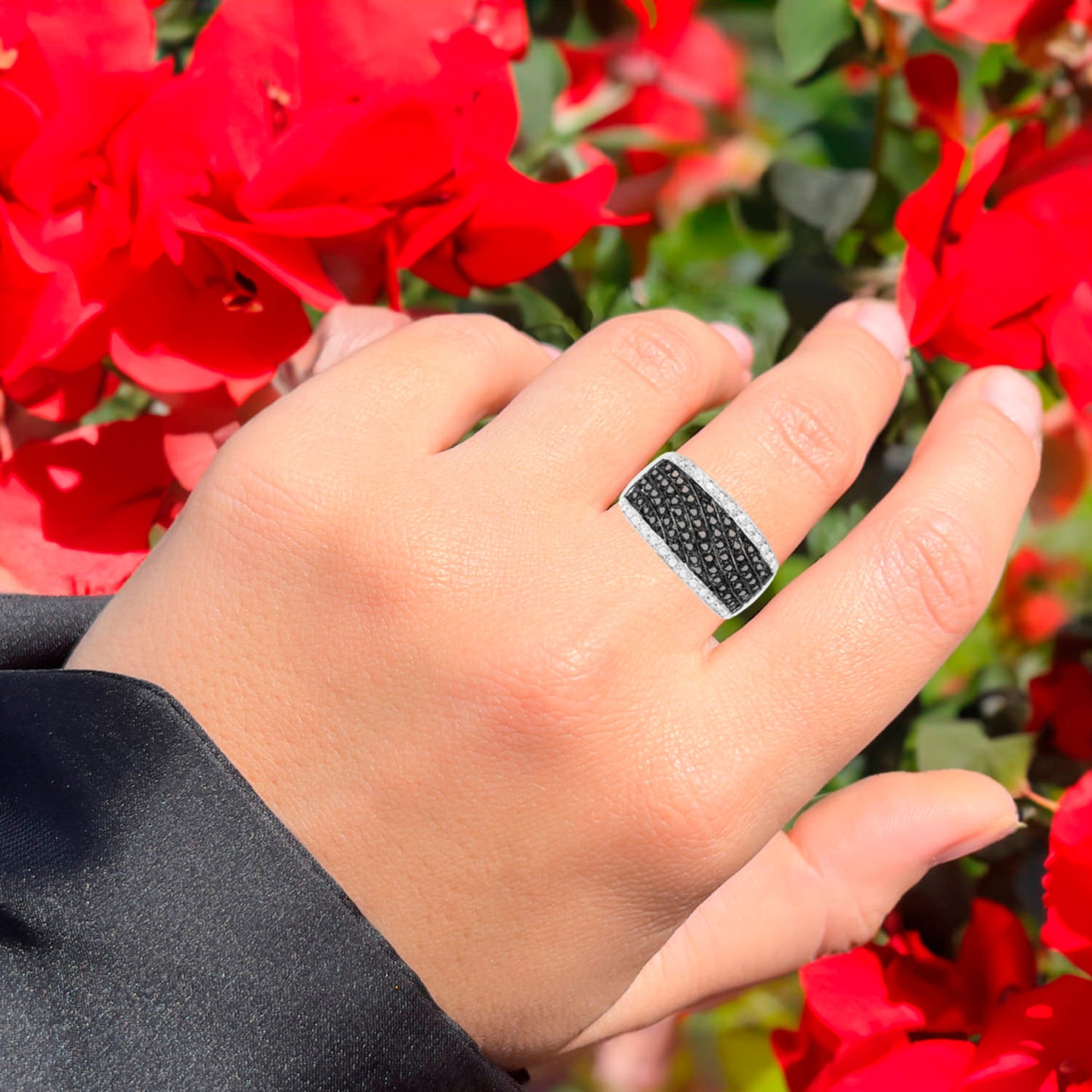 Black Diamond Cluster Ring White Diamonds 0.78 Carats Sterling Silver