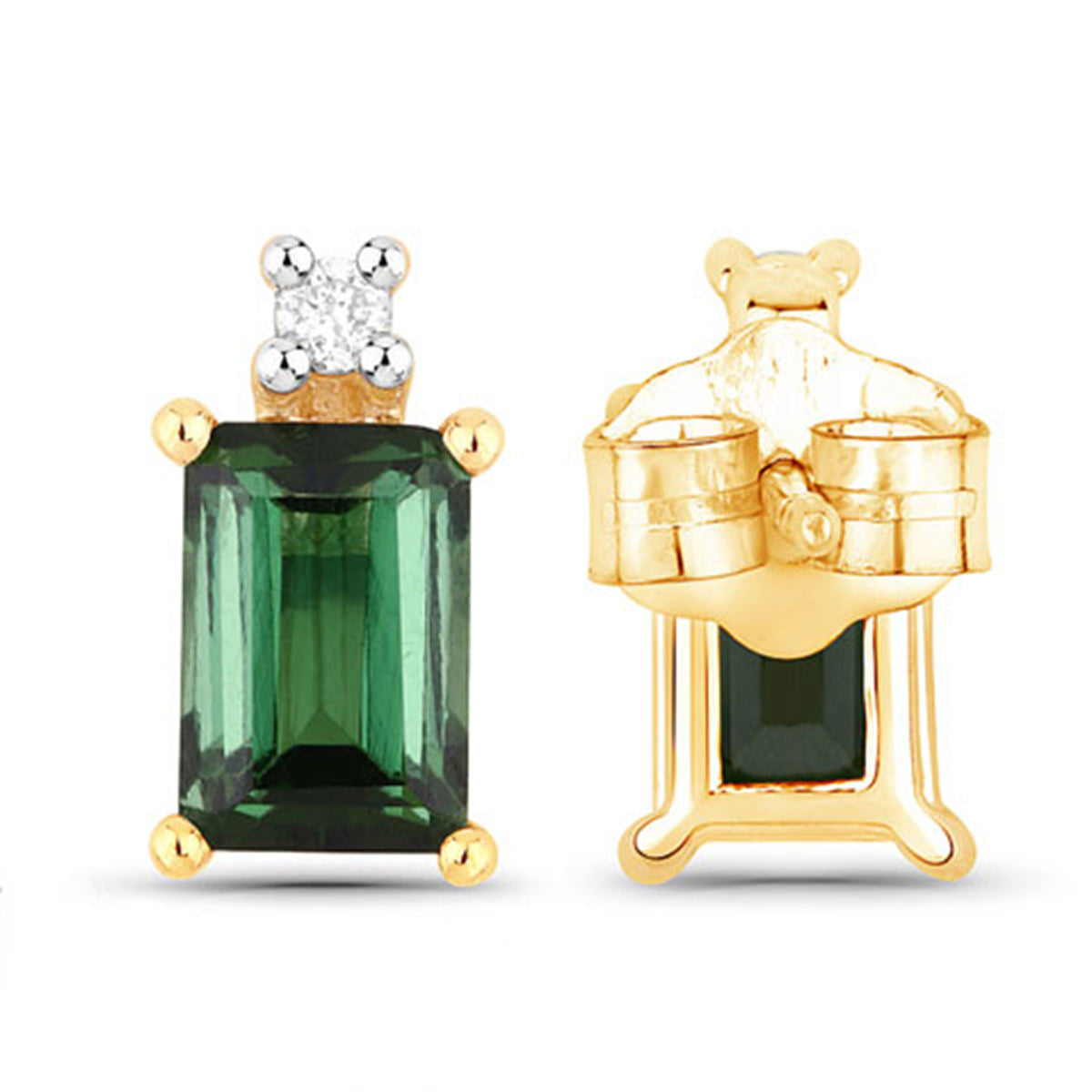 Green Tourmaline Stud Earrings With Diamonds 1.2 Carats 14K Yellow Gold