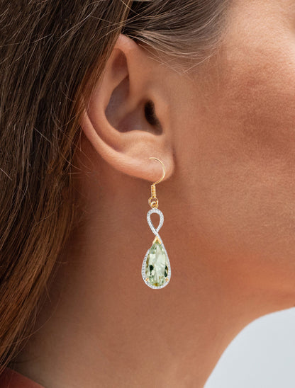 Green Amethyst Dangle Earrings 10 Carats 14K Yellow Gold Plated Silver