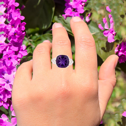 African Amethyst Ring With Diamonds 5.87 Carats Sterling Silver