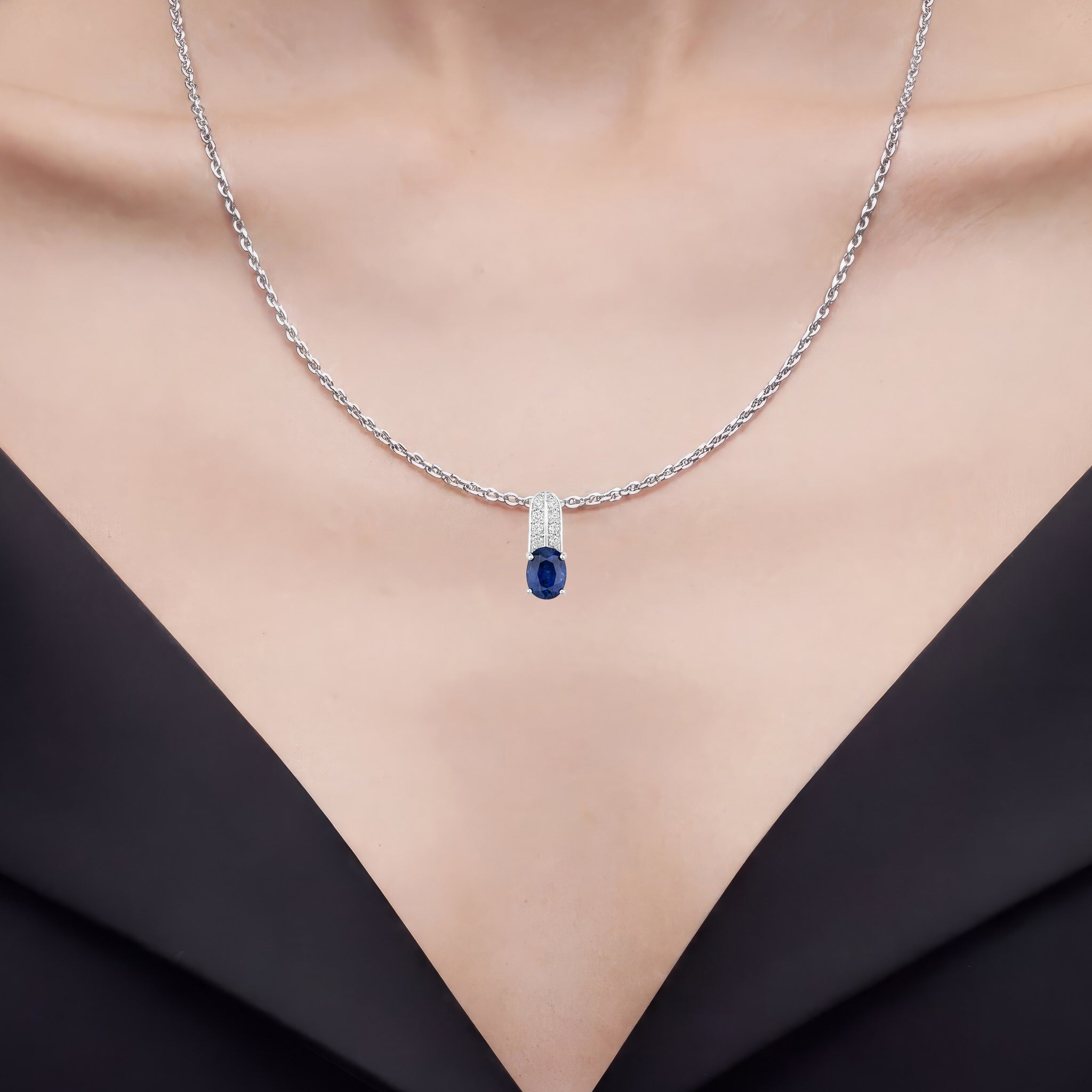 Blue Sapphire Pendant With Diamonds 2.7 Carats 18K White Gold