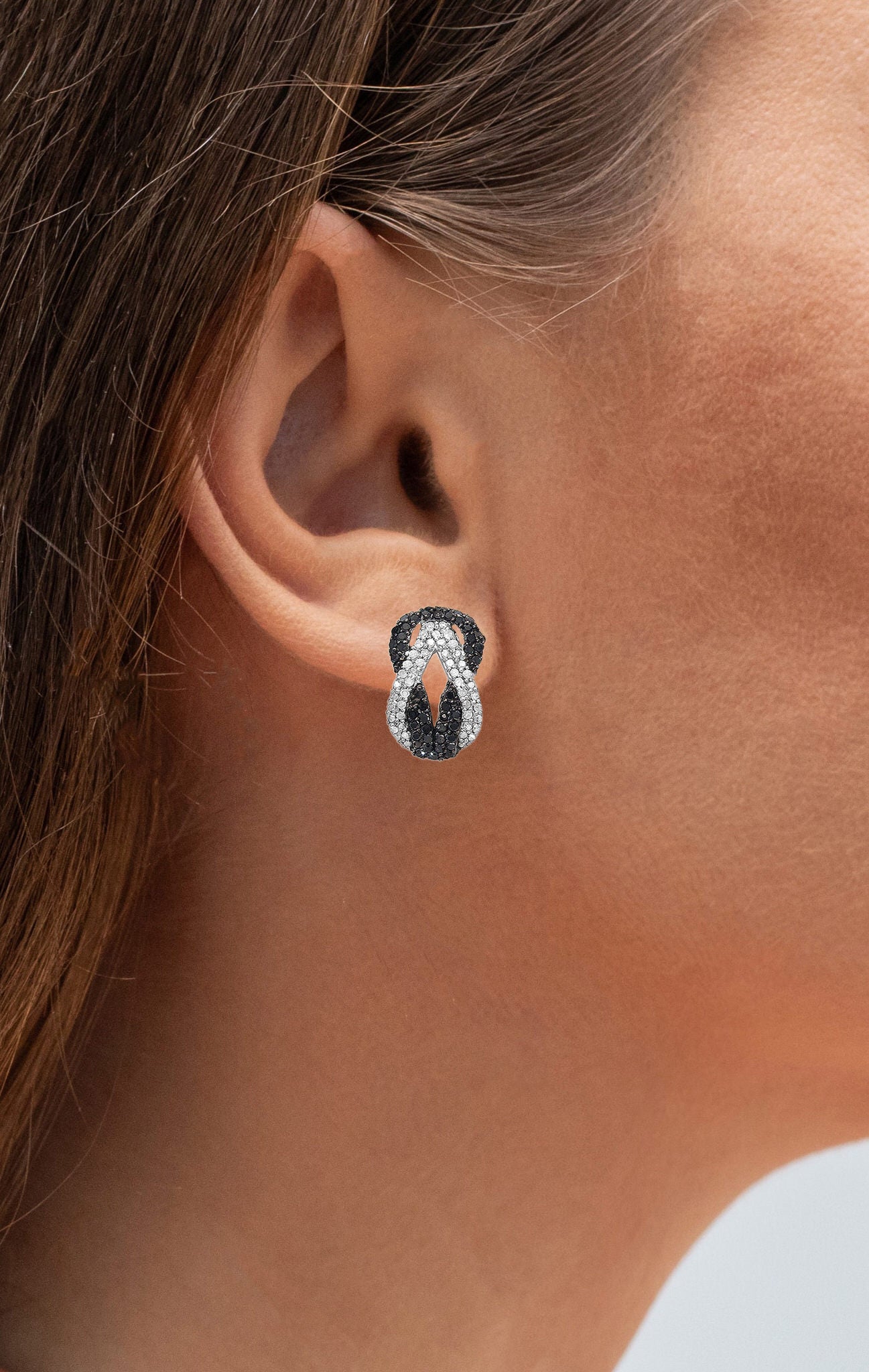 Infinity Knot Stud Earrings Black and White Diamonds Sterling Silver