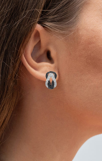 Infinity Knot Stud Earrings Black and White Diamonds Sterling Silver