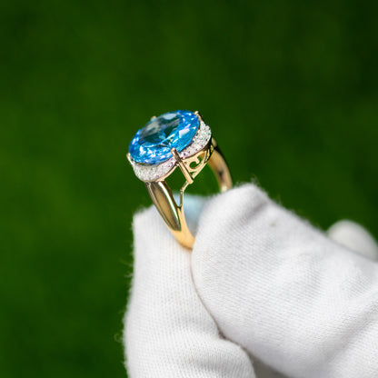 Swiss Blue Topaz Statement Ring Diamond Halo 12.7 Carats 14K Yellow Gold
