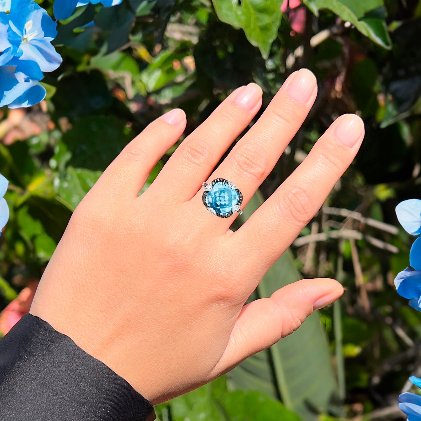 Swiss Blue Topaz Cocktail Ring With Diamonds 8.37 Carats