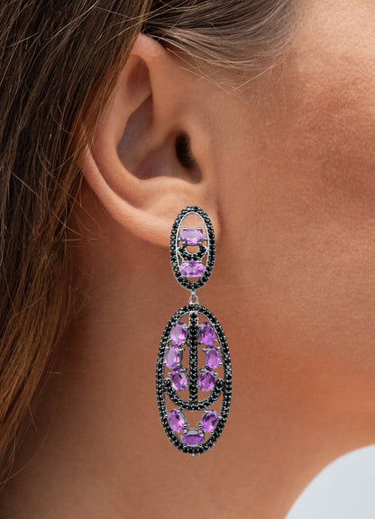 Amethyst Dangle Earrings With Black Spinels 12 Carats