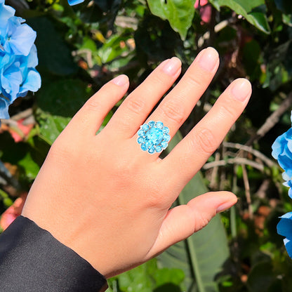 Swiss Blue Topaz Flower Cocktail Ring 8.8 Carats Sterling Silver