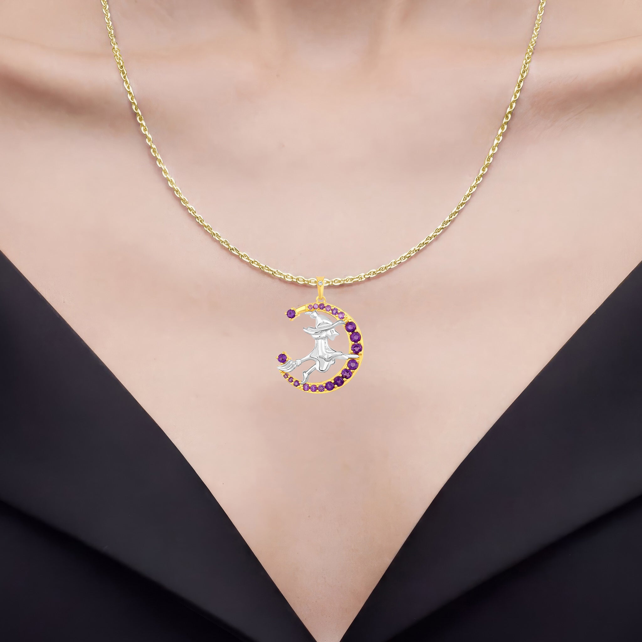 Amethyst Witch Pendant With White Topaz 0.96 Carats Gold Plated Silver