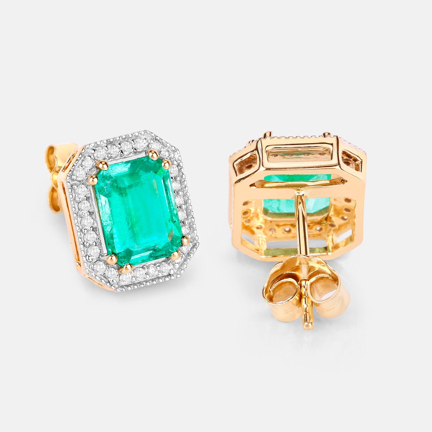 Ethiopian Emerald Stud Earrings Diamond Halo 2.9 Carats 14K Yellow Gold
