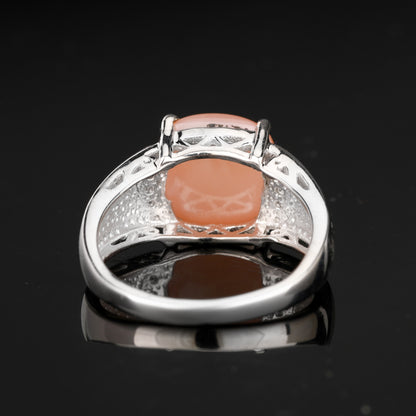 Peach Moonstone Ring With White Topaz 6.47 Carats Sterling Silver