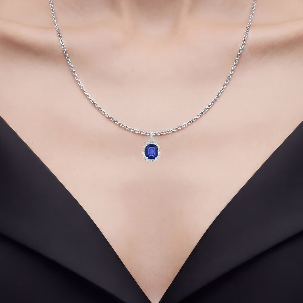 Blue Sapphire Pendant With Diamonds 2.68 Carats 18K White Gold