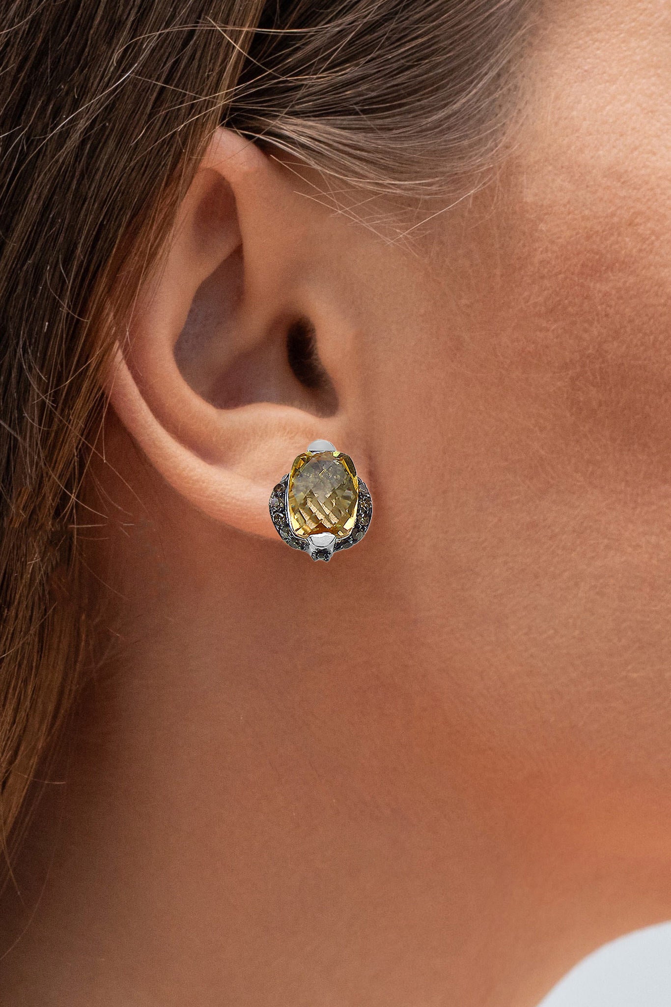 Citrine Stud Earrings Champagne Diamonds 3 Carats Silver