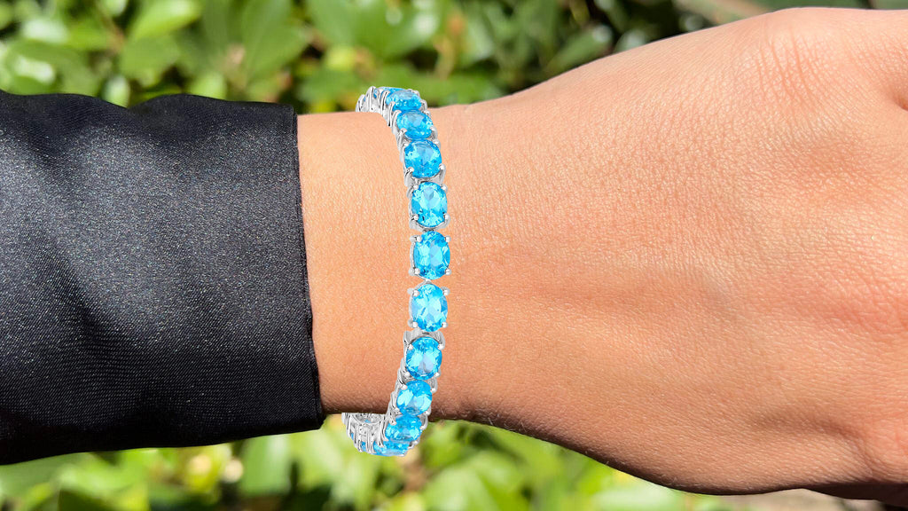 Swiss Blue Topaz Tennis Bracelet 35 Carats Rhodium Plated Sterling Silver
