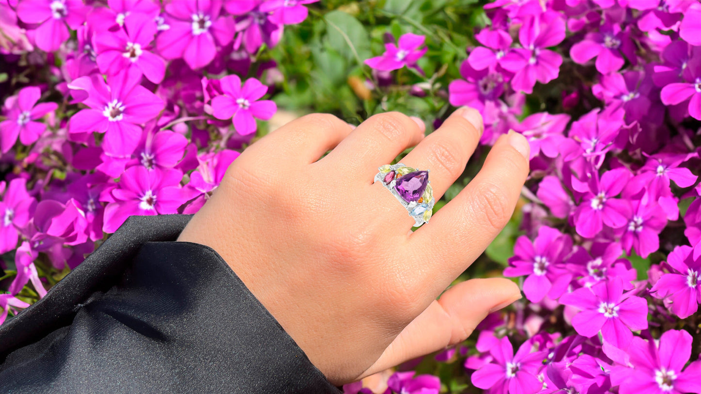 Pear Cut Amethyst Cocktail Ring Multicolor Gemstones Setting 6.30 Carats