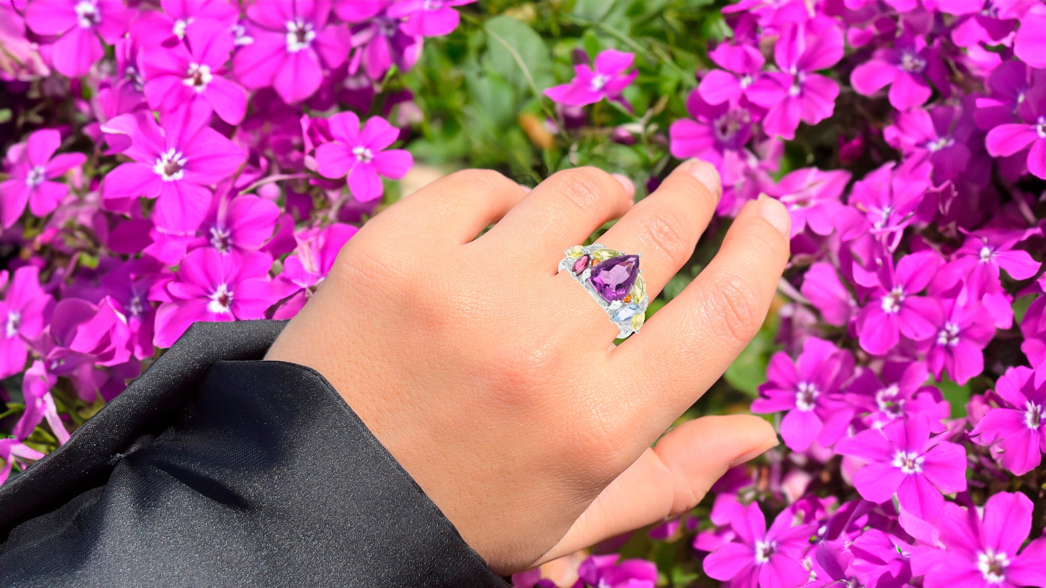 Pear Cut Amethyst Cocktail Ring Multicolor Gemstones Setting 6.30 Carats