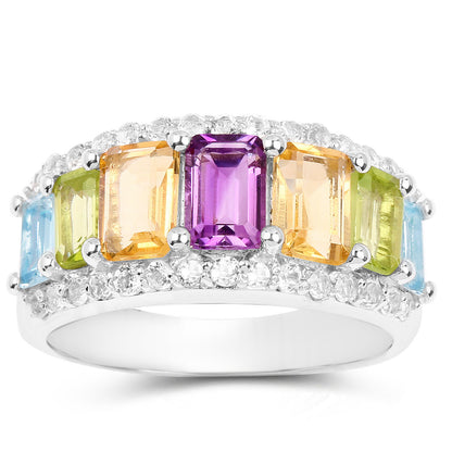 Multicolored Gemstones Ring Amethyst Citrine Peridot Topaz 3.6 Carats Silver
