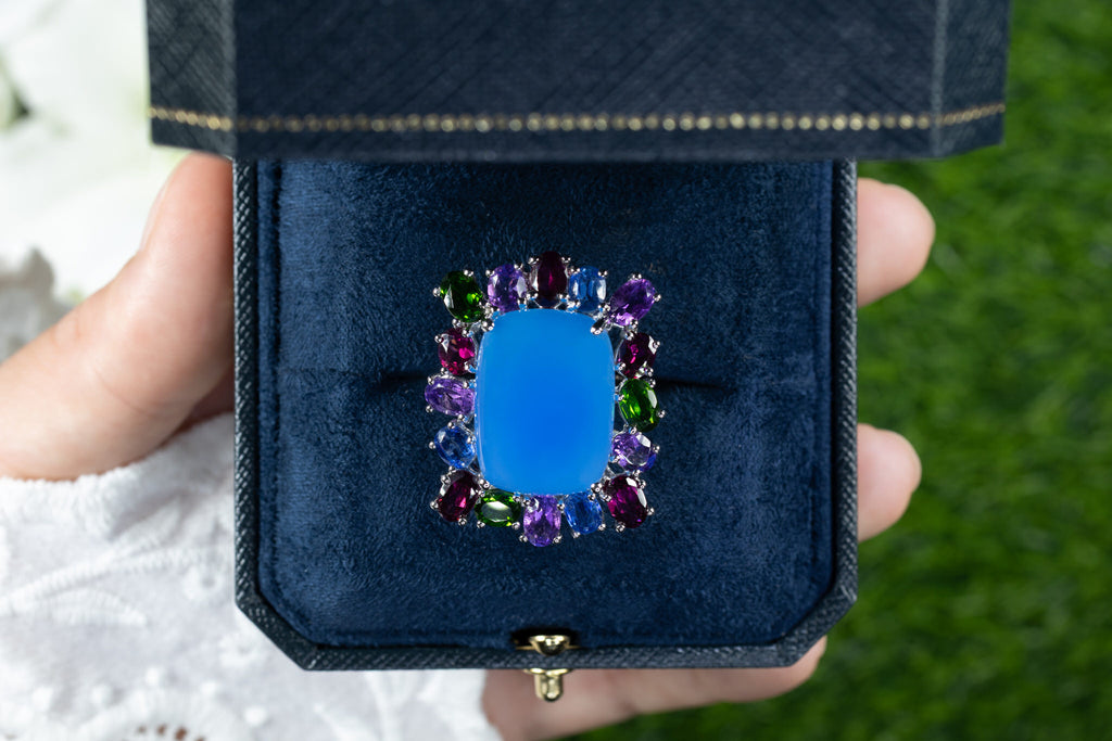 Blue Chalcedony Ring Amethyst Rhodolite Chrome Diopside Kyanite 26 Carats