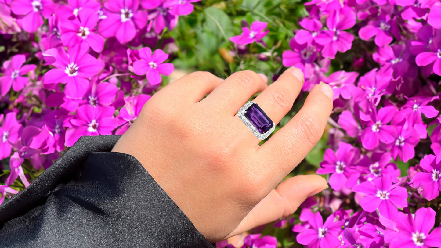 Amethyst East-West Ring with White Zircon 5.49 Carats Sterling Silver