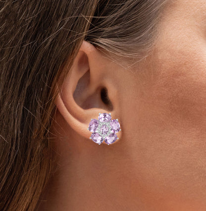 Pink Amethyst Floral Earrings 7.7 Carats 18K White Gold Plated Sterling Silver