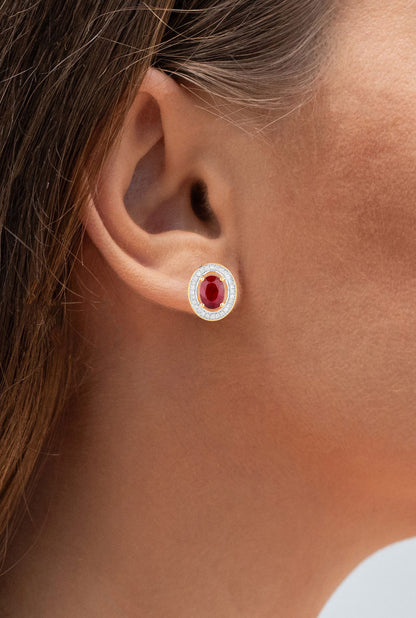 Ruby Earrings Halo Diamonds 2.1 Carats 14K Yellow Gold
