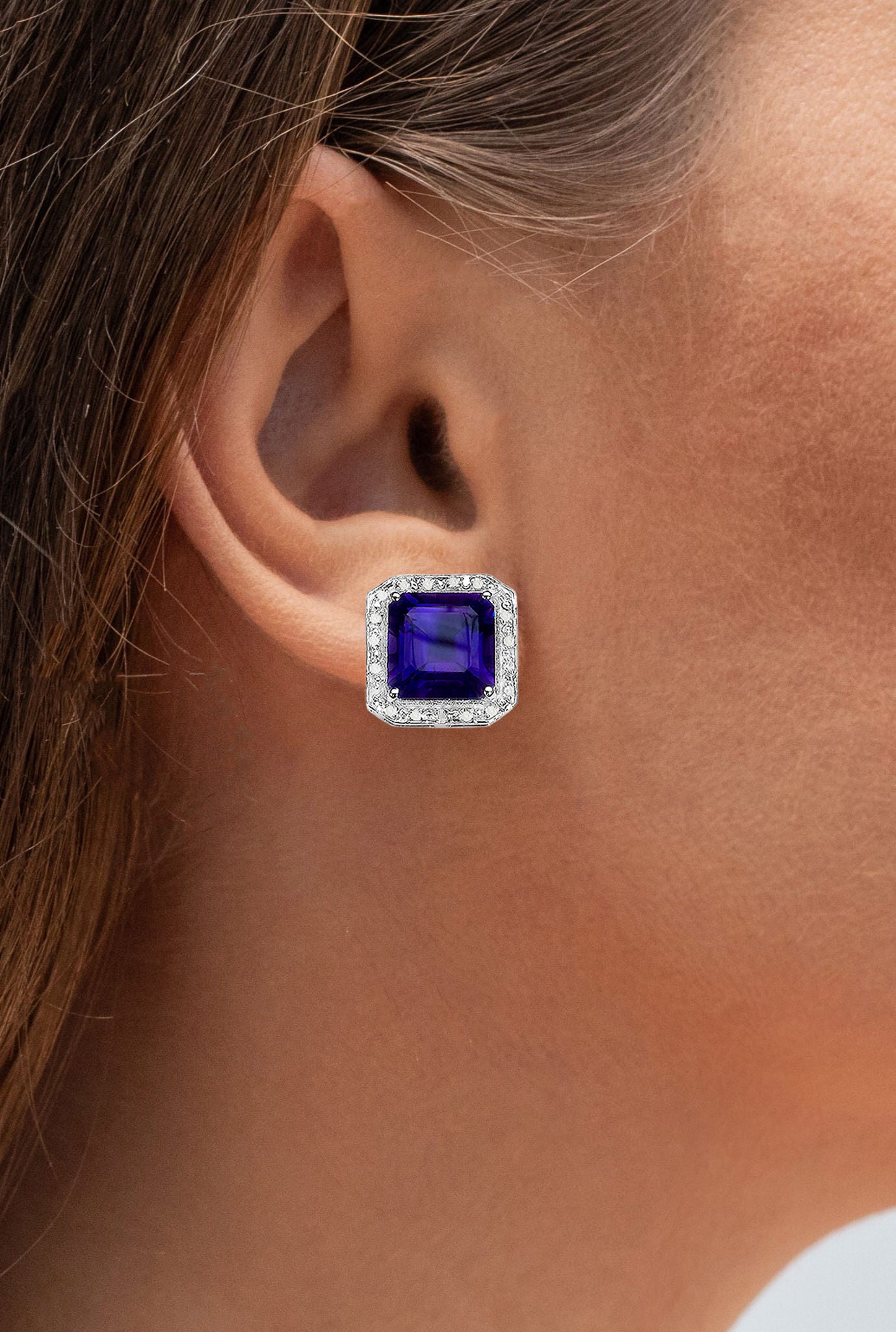 Amethyst Earrings Diamond Halo 9.3 Carats Silver