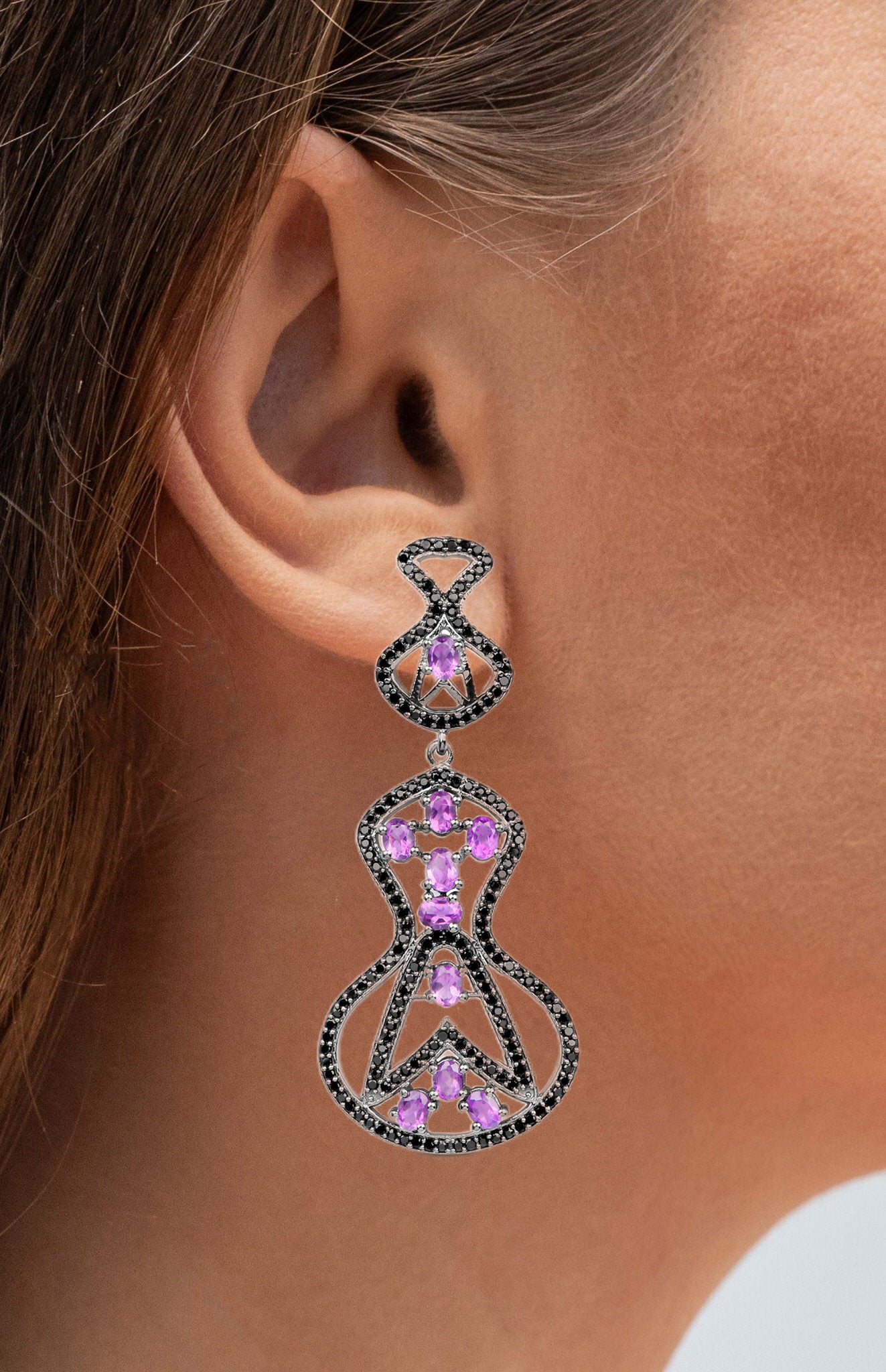 Amethyst Dangle Earrings Black Spinel 5.2 Carats Sterling Silver