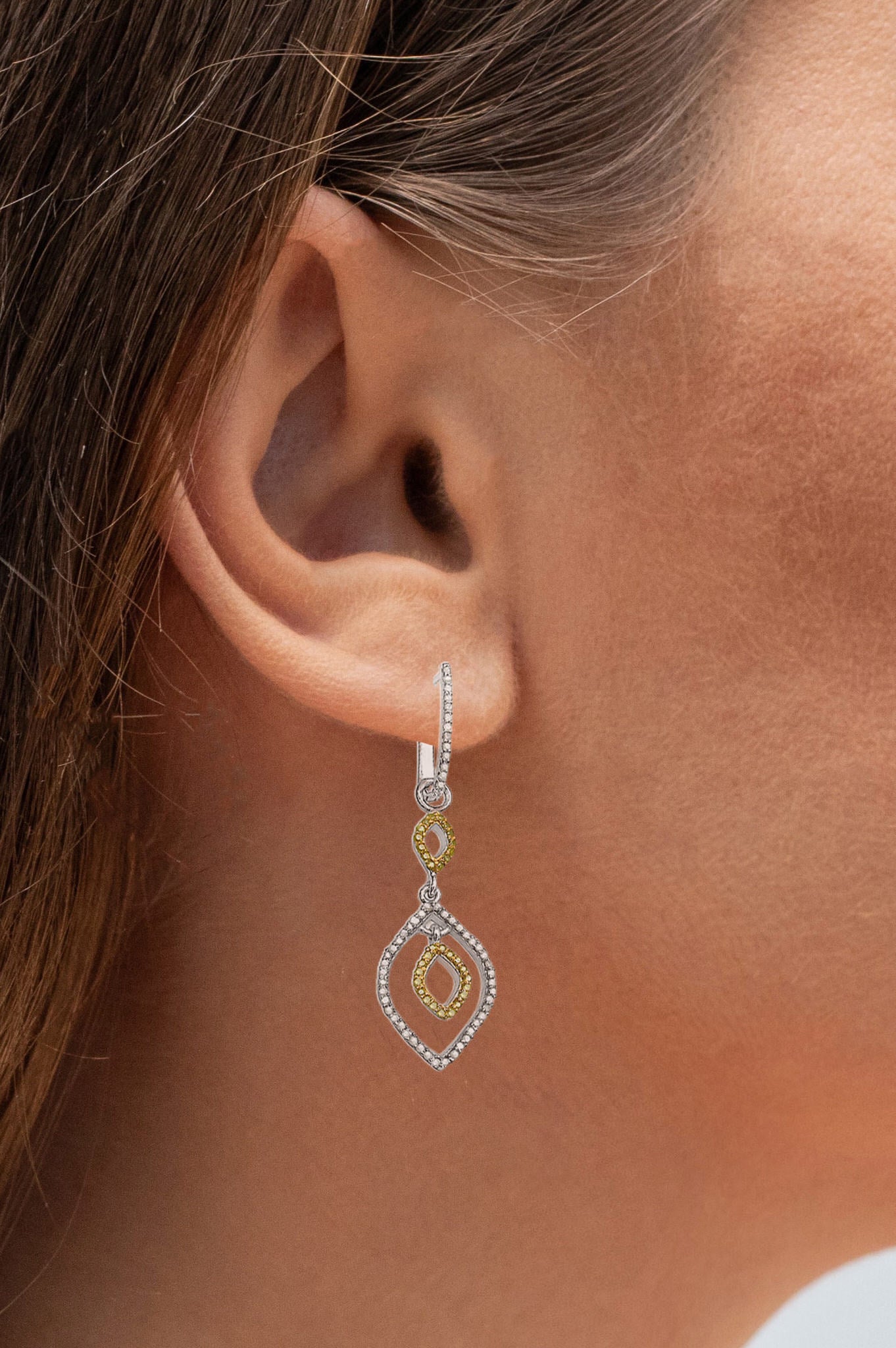 Dangle Earrings With White and Yellow Diamonds 0.88 Carats Sterling Silver