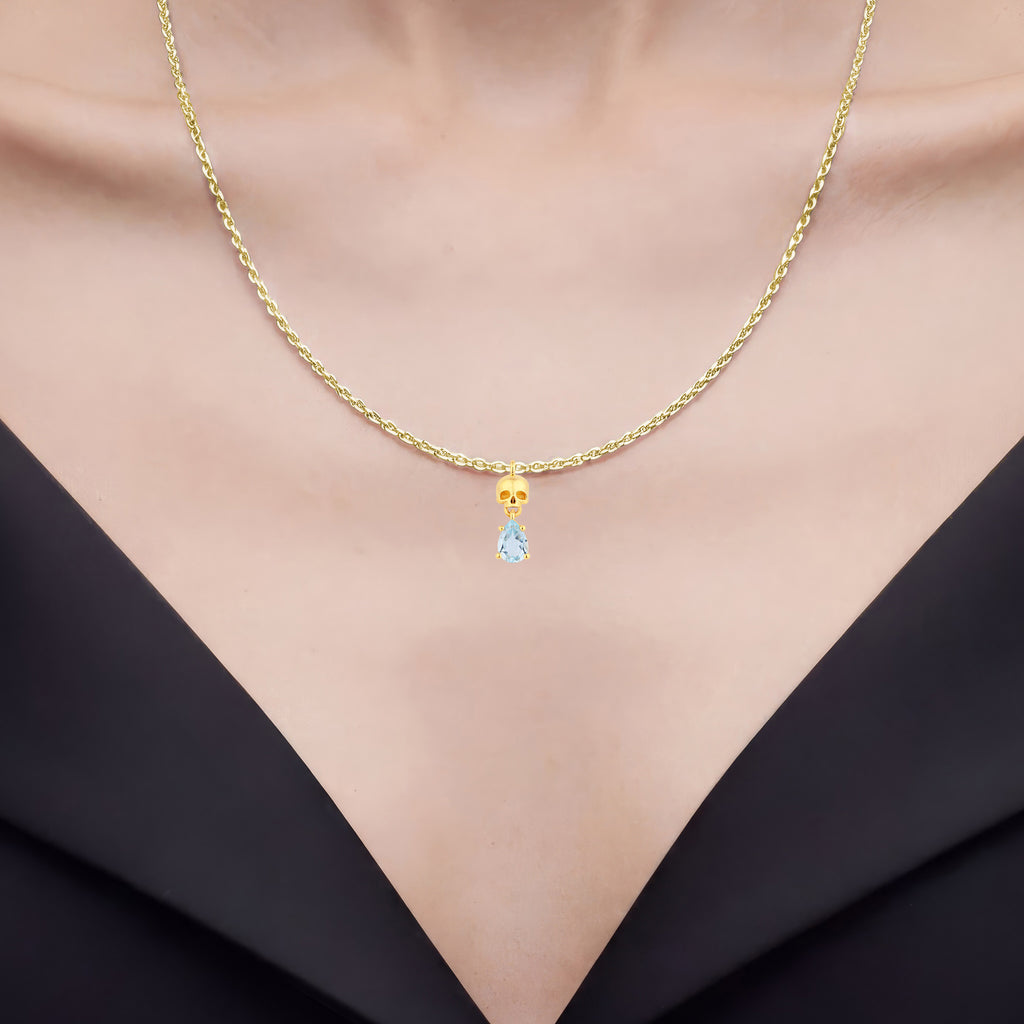 Blue Topaz Skull Pendant 0.84 Carats Gold Plated Silver