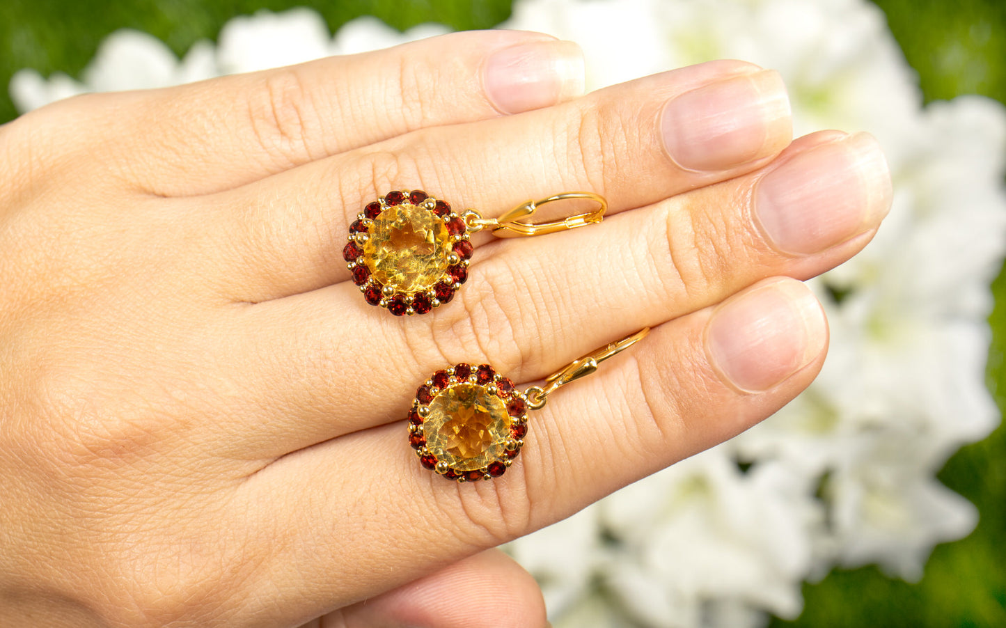 Citrine Earrings With Garnet 8.4 Carats Gold Plated Silver