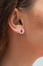 Ruby Halo Stud Earrings Diamonds 1.1 Carats 14K White Gold